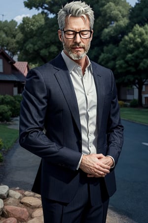 a 45 year old male, solo, handsome, anime 2.5D, outdoors, glasses, beard, standing,eyes closed, ((suit)),arms behind back