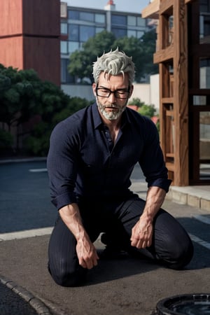 a 45 year old male, solo, handsome, anime 2.5D, outdoors, glasses, beard, ((kneeling on floor)),eyes closed, ((suit)),arms behind back