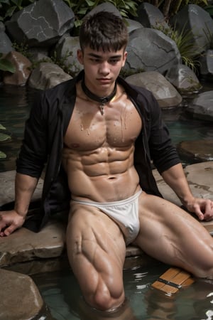 A 25-year-old man, 175cm, 75kg, with a physique boasting 15% body fat and a luscious coat of bushy body hair. He sits comfortably in the warm waters of a natural hot spring, his wide-set eyes gazing out into the distance as he wears a leash collar, adding an air of playful submission to his relaxed demeanor. His upper body is fully immersed in the water, his strong physique rippling beneath the surface as he settles in for a soothing soak.