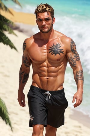 a 55 year old male, handsome, standing, ((sun glasses)), upper body close up, tan skin, beach, anime 2.5D, look at viewer, ((wet body)), ((body hair)),beard, black tattoos, mature