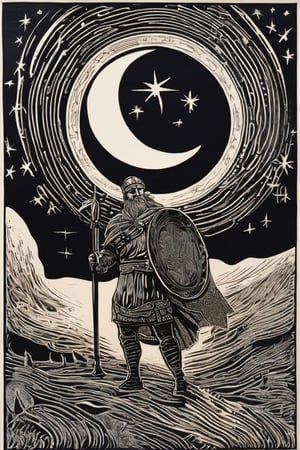 an award winning linocut engraving on paper of viking in the moon