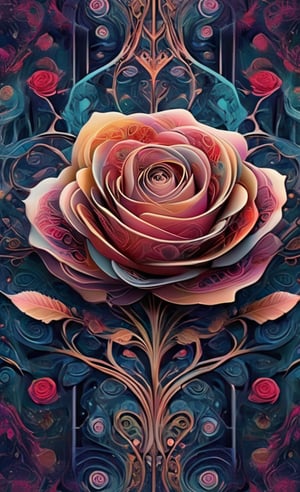 A mesmerizing still image capturing an intricately designed patten. The pattern, with its symmetrical arrangement and vibrant colors, creates a visually striking composition. The environment portrayed in the scene is a fantastical realm where the patterns seem to exist in their own harmonious universe. The chosen image style for this concept is a rose-inspired artwork, with its delicate strokes and ethereal atmosphere.
