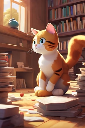  kemineko, a mischievous cat with a twinkle in its eyes, pounces playfully on a ball of yarn in a room filled with stacks of books and scattered paper. Rays of sunlight filter through the dusty windows, casting a warm glow on the scene, while colorful illustrations of cats adorn the walls. The mix of Pixar 3D and illustration styles adds depth and character, capturing the essence of kemineko's playful nature within this cozy setting.