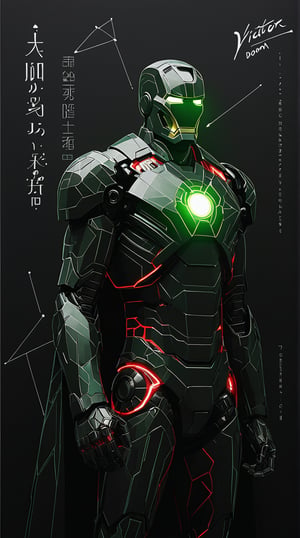 A stunning conceptual art piece featuring Iron Man, drawn with precision using white ink on black paper. The anime-inspired design showcases Iron Man+ Dr. Victor von Doom 's intricate armor with glowing red and green energy details. The background is minimalistic, with a touch of typography that adds depth and dimension to the piece. The overall composition creates a striking balance between the white and black elements, immersing the viewer in a futuristic and conceptual world. anime, photo, typography, conceptual art
