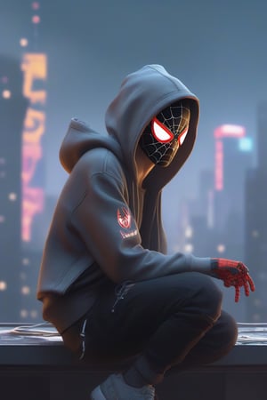 Cyberpunk boy, hoodie, spider mask, White visor, spiderman pose, techwear hero, rooftop, sharp focus, emitting diodes, smoke, artillery, sparks, racks, system unit, motherboard, by pascal blanche rutkowski repin artstation hyperrealism painting concept art of detailed character design matte painting, 4 k resolution blade runner