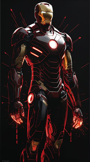 A stunning conceptual art piece featuring Iron Man, drawn with precision using white ink on black paper. The anime-inspired design showcases Iron Man's intricate armor with glowing red energy details. The background is minimalistic, with a touch of typography that adds depth and dimension to the piece. The overall composition creates a striking balance between the white and black elements, immersing the viewer in a futuristic and conceptual world.(ADD NO TEXT), anime, photo, typography, conceptual art
