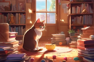  kemineko, a mischievous cat with a twinkle in its eyes, pounces playfully on a ball of yarn in a room filled with stacks of books and scattered paper. Rays of sunlight filter through the dusty windows, casting a warm glow on the scene, while colorful illustrations of cats adorn the walls. The mix of Pixar 3D and illustration styles adds depth and character, capturing the essence of kemineko's playful nature within this cozy setting.