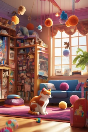  kemineko, a playful and mischievous cat, sits atop a plush cushion in a cozy corner of a sunlit room filled with toys and colorful yarn balls. The room is adorned with vibrant posters of famous feline characters, and a whimsical mobile dangles from the ceiling, featuring miniature cat-shaped clouds. The Pixar 3D style brings the scene to life, capturing the furry textures of kemineko's fur and the vibrant details of the room.