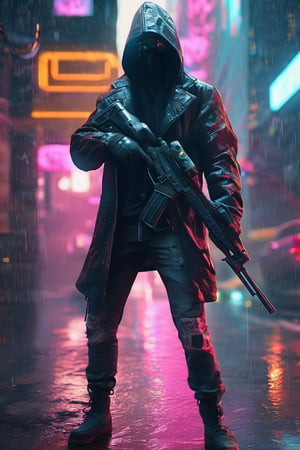 Futeristic cyberpunk masked assassin, shooting gun, heavy rain, neon lights, hyper realistic, unreal engine