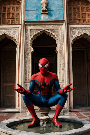 Spider-Man in font of taj mahal , cybernetic , real life , neon_genesis_evangelion,