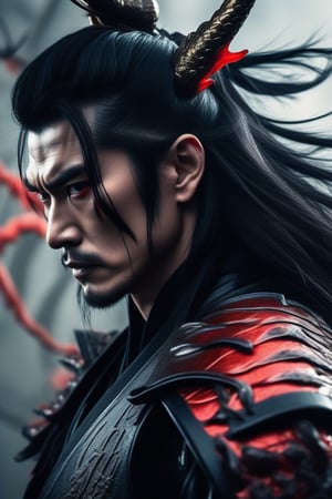 raw photo of a male samurai in black leather armor, oni, very long straight black hair, red dragon elements, futuristic style by Julie Bell, ultra high resolution, sharp focus