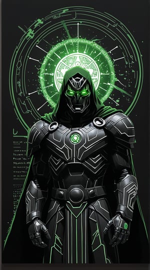 A stunning conceptual art piece featuring Dr. Victor von Doom, drawn with precision using white ink on black paper. The anime-inspired design showcases Dr. Victor von Doom's intricate armor with glowing GREEN energy details. The background is minimalistic, with a touch of typography that adds depth and dimension to the piece. The overall composition creates a striking balance between the white and black elements, immersing the viewer in a futuristic and conceptual world., anime, photo, typography, conceptual art