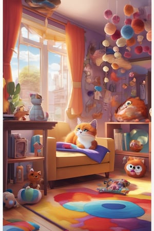  kemineko, a playful and mischievous cat, sits atop a plush cushion in a cozy corner of a sunlit room filled with toys and colorful yarn balls. The room is adorned with vibrant posters of famous feline characters, and a whimsical mobile dangles from the ceiling, featuring miniature cat-shaped clouds. The Pixar 3D style brings the scene to life, capturing the furry textures of kemineko's fur and the vibrant details of the room.