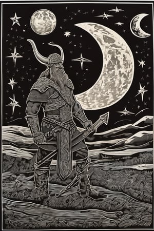 an award winning linocut engraving on paper of viking in the moon