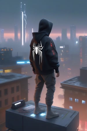 Cyberpunk boy, hoodie, spider mask, White visor, spiderman pose, techwear hero, rooftop, sharp focus, emitting diodes, smoke, artillery, sparks, racks, system unit, motherboard, by pascal blanche rutkowski repin artstation hyperrealism painting concept art of detailed character design matte painting, 4 k resolution blade runner