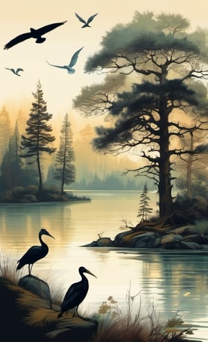 ink scenery, no humans, lake, trees, 1 big tree, muted colors, realistic, birds, fish in water