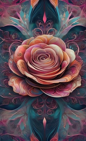 A mesmerizing still image capturing an intricately designed patten. The pattern, with its symmetrical arrangement and vibrant colors, creates a visually striking composition. The environment portrayed in the scene is a fantastical realm where the patterns seem to exist in their own harmonious universe. The chosen image style for this concept is a rose-inspired artwork, with its delicate strokes and ethereal atmosphere.
