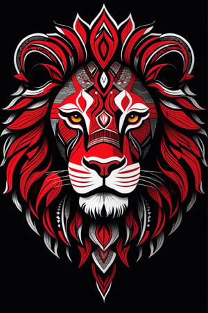 Tribal Spirit animals: tribal art, featuring a intricately detailed spirit animal Lion, powerful, mysterious, high contrast, The design incorporates geometric patterns and bold linework to create a striking and powerful composition. Black background, 8k, ready to print illustration of hand drawn Lion, simple vector, black white Red, few colors and many shades, clean and sharp lines