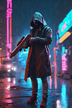 Futeristic cyberpunk masked assassin, shooting gun, heavy rain, neon lights, hyper realistic, unreal engine