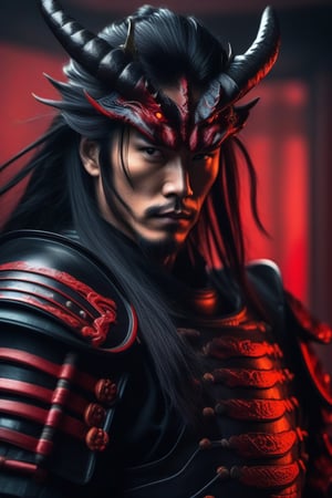 raw photo of a male samurai in black leather armor, oni, very long straight black hair, red dragon elements, futuristic style by Julie Bell, ultra high resolution, sharp focus