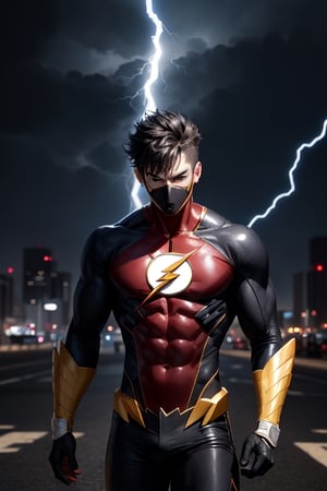 a young man named gatotkaca, well-built, black-haired, he creating a new identity for himself as "The Flash Hero." He wears a blue and gold costume equipped with a lightning icon on his chest. The Lightning Hero is a tireless defender of the city of Jakarta versus a villain named the dark one with an all black costume and a black mask with the power of wind