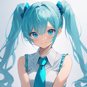 face focus, cute, masterpiece, best quality, 1girl, solo, twintails, necktie, long hair, upper body, shirt, smile, white shirt, sleeveless, looking at viewer, sleeveless shirt, heart, aqua hair, aqua eyes, breasts, closed mouth, bangs, 39, collared shirt, blue necktie, hair between eyes, aqua necktie