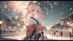 best quality, masterpiece, distant view, beautiful and aesthetic, vibrant color, Exquisite details and textures, Warm tone, ultra realistic illustration,(1girl,solo,yoimiyadef,Off-the-shoulder kimono, open clothes:1.3), (fireworks:1.2),(matsuri:1.2),(shrine:0.6), Torii, hawker, lantern, Cherry blossoms, night, street lamp, Brick Walk, (crowd:1.3), 16K, (HDR:1.4), high contrast, bokeh:1.2, lens flare, anime style, ultra hd, realistic, vivid colors, highly detailed, UHD drawing, perfect composition, beautiful detailed, intricate insanely detailed, octane render trending on artstation, 8k artistic photography, photorealistic concept art, soft natural volumetric cinematic perfect light, ,yoimiyadef