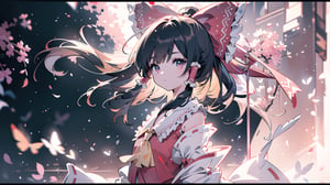 best quality, masterpiece, (panoramic:1.3), beautiful and aesthetic, Exquisite details and textures, (hakurei reimu,off shoulder clothes, short sleeves:1.2),(sakura:1.3),(solo:1.3),full_body, 16K,(HDR:1.4), high contrast, lens flare, ultra hd, realistic, vivid colors, highly detailed, UHD drawing, perfect composition, beautiful detailed, intricate insanely detailed, octane render trending on artstation, 8k artistic photography, photorealistic concept art, soft natural volumetric cinematic perfect light,look away ,nodf_lora, normal fingers,portrait