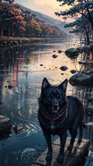 A dog standing near a riverbank