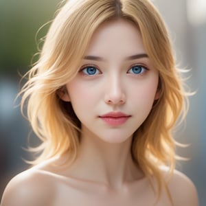 Best quality, masterpiece, ultra high res, (photorealistic:1.4), raw photo,2_girls, solo, realistic, lips, yellow hair, looking_at_you , blue eyes, teeth, long hair, hair over one eye, parted lips, nose, 
 close-up, brown hair, simple background, brown eyes, black dress, off shoulder , boob 10