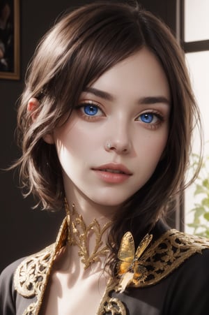 8k portrait of beautiful cyborg with brown hair, intricate, elegant, highly detailed, majestic, digital photography, art by artgerm and ruan jia and greg rutkowski surreal painting gold butterfly filigree, broken glass, (masterpiece, sidelighting, finely detailed beautiful eyes: 1.2), hdr, (detailed background window to a new dimension, plants and flowers:0.7)  infinity, infinite symbol,