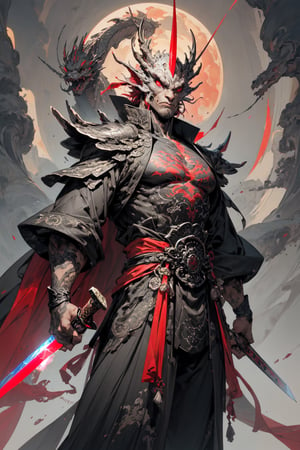 A one man person with his aura sword, dragon form, red eyes, shining sky