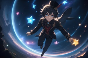 ((a magician boy falling from the sky:1.5)), ((masterpiece, best quality)), newest, ((from genshin impact)), looking at viewer, slight smile, black hair, short hair, blue eyes, wind blew through him, black hats, black shirt, black jacket, black pants, 8k, beautiful night sky, fantasy, ((full body)), perfect face, stars night, by studio_ghibli, anime cinematic, galaxy, ((alots of stars)), extremely aesthetic, insanely detailed