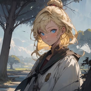 masterpiece, best quality, highres, (anime style:1.24), (1girl), blonde hair, blue eyes, sharp face feature, school attire, day, sky, green landscape, tree, 4k, pixiv, highest quality, perfect, upper_body, midjourney,studio ghibli, artgerm, greg rutkowski