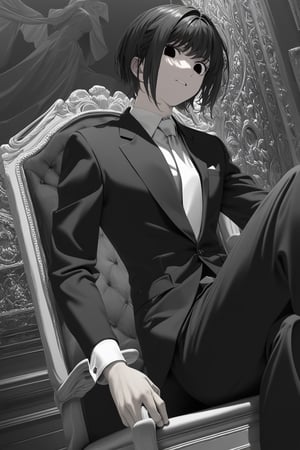 ((masterpiece, best quality, rating: general, newest)), illustration, vibrant, 1boy, solo, black hair, short hair, bowl_haircut, sharp eyes, black eyes, looking at viewer, sit on the chair, indoors, black jacket, black shirt, white necktie, black gloves, dynamic angle, godly perspective, intricate, exquisite, beautiful background, clean art, highly aesthetic, high contrast, high saturation, 4k, high resolution