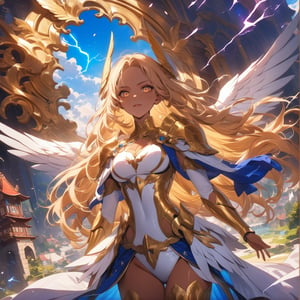 ((masterpiece, best quality)), rating: general, newest, perfect face, 8k, (archangel \(theme\):1.2), 1girl, (frown:1), (One day, a thunderbolt suddenly struck a quiet village. From within the thunderbolt emerged a peerless beauty with golden hair and eyes. She was a six-winged archangel, holding a thunder spear in her hand:1), break, blonde hair, detailed hair, glowing hair, golden eyes, gradient eyes, finely detailed beautiful eyes, symmetrical eyes, big highlight on eyes, glowing eyes, Tan skin, break, Her armor is finely crafted in gold and white, and her wings are also beautifully shaped, break, Lightning flashes around her, fantasy village, blurry light, diffuse reflection, maximalism, scattered glitch pixels, shiny metallic latex, silhouette, magic emanating from wings, break, masterpiece, illustration, best quality, best aethetic, beautiful art, ultra-detailed, 8k, HDR, sharp focus, intricate,niji6