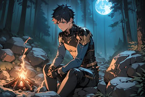 ((masterpiece, best quality, highres)), extremely detailed illustration, perfect face, niji6,more detail XL,8k, 1boy, solo, sitting_down, bonfire, sad_face, ((looking down on bonfire)), ((huge boulder:1.1)), forest, night, sky, moon, haze, leather armor, gloves, ((long sleeves)), long pants, black short hair, spiked_hair, serenity, aesthetic, dramatic, cinematic, full of emotions, fit body, blue eyes,eternum style