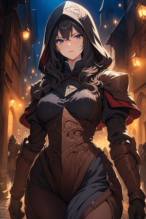 ((masterpiece, best quality, highres:1.2)), UHD, ultra-detailed, perfect face, looking at viewer, niji6, assassin's creed, 1girl, solo, robe with hood,  leather armor, pants, gloves, long sleeves, ((cowboy shot)), thighs, ((full_clothed)), closed mouth, serious face, voluptuous body, medium breasts, curvy hips, hood_up, blue eyes, black hair, long hair, wavy hair, ((dark corner of the street:1.2)), medieval, hands_down, night_sky, extremely detailed illustration, [anime_screencap], bokeh, 8k CG unity, centered,more detail XL