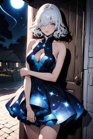 ((masterpiece, best quality, highres:1.2)), ((extremely detailed illustration:1.1)), perfect face, niji6,8k, eternum style, ((2.5D)), [cinematic, ultra-detailed], highly aesthetic, 1girl, white hair, short hair, wavy curly hair, ((hair over one eye:1.1)), blue eyes, ((at front door)), ((galaxy dress:1.1)), bare shoulder, voloptuous body, ((hands down)), night_sky, moon, door, ((cowboy shot)), :0, road, houses background, high sharpness, vibrant, high contrast, shadow, cleavage, hdr
,more detail XL