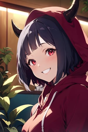 ((masterpiece, best quality, highres:1.2)), perfect face, more detail XL, Kyoto animation style,niji6, depth of field, 1girl, solo, breasts, looking at viewer, smile, short hair, bangs, black hair, long sleeves, upper body, horns, teeth, indoors, hood, cosplay, hoodie, plant, hood up, red hoodie