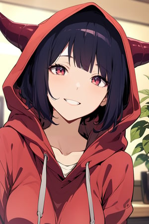 ((masterpiece, best quality, highres:1.2)), perfect face, more detail XL, Kyoto animation style,niji6, depth of field, 1girl, solo, breasts, looking at viewer, smile, short hair, bangs, black hair, long sleeves, upper body, horns, teeth, indoors, hood, cosplay, hoodie, plant, hood up, red hoodie