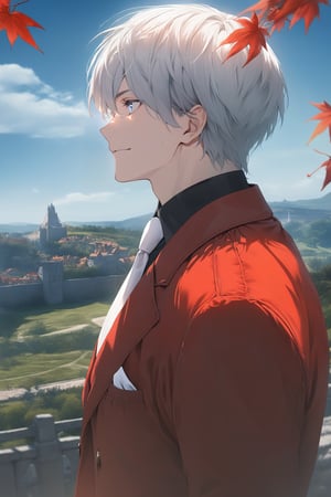 ((masterpiece, best quality)), newest, illustration, vibrant, side view, from side, perfect face, 1boy, white hair, short hair, white eyes, red suit, jacket, white necktie, black shirt, black pants, looking at the distance, standing, slight smile, ((cowboy shot)), uhd, hdr, dlsr, high aesthetic, 8k, scenary, ((beautiful blue sky)), sunlight, cloud, fantasy, chiaroscuro, green landscape, ((medieval city background:1.1)), fall_leaves, windy