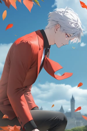 ((masterpiece, best quality)), newest, illustration, vibrant, side view, from side, perfect face, 1boy, white hair, short hair, white eyes, red suit, jacket, white necktie, black shirt, black pants, ((cowboy shot)), uhd, hdr, dlsr, high aesthetic, 8k, scenary, blue sky, cloud, chiaroscuro, green landscape, ((medieval city background:1.1)), fall_leaves, windy