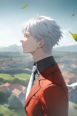 ((masterpiece, best quality)), newest, illustration, vibrant, side view, from side, perfect face, 1boy, white hair, short hair, white eyes, red suit, jacket, white necktie, black shirt, black pants, looking at the distance, standing, slight smile, ((cowboy shot)), uhd, hdr, dlsr, high aesthetic, 8k, scenary, blue sky, cloud, fantasy, chiaroscuro, green landscape, ((medieval city background:1.1)), fall_leaves, windy