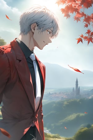 ((masterpiece, best quality)), newest, illustration, vibrant, side view, from side, perfect face, nostalgia, 1boy, white hair, short hair, white eyes, red suit, jacket, white necktie, black shirt, black pants, looking at the distance, standing, slight smile, ((cowboy shot)), uhd, hdr, dlsr, high aesthetic, 8k, scenary, ((beautiful blue sky)), sunlight, cloudy_sky, fantasy, chiaroscuro, green landscape, ((medieval city background:1.1)), fall_leaves, windy