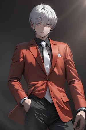 ((masterpiece, best quality)), newest, illustration, vibrant, looking at viewer, perfect face, 1boy, white hair, short hair, white eyes, dark background, red suit, jacket, white necktie, black shirt, black pants, ((cowboy shot)), uhd, hdr, dlsr, high aesthetic, 8k