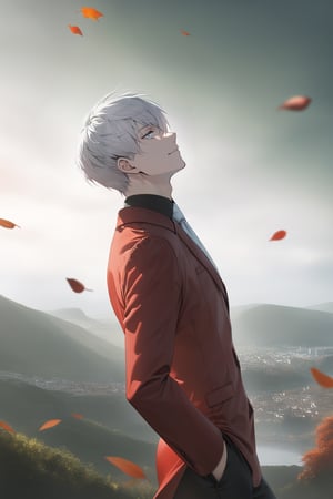 ((masterpiece, best quality)), newest, illustration, vibrant, side view, from side, perfect face, 1boy, white hair, short hair, white eyes, red suit, jacket, white necktie, black shirt, black pants, looking at the distance, standing, slight smile, ((cowboy shot)), uhd, hdr, dlsr, high aesthetic, 8k, scenary, blue sky, cloud, chiaroscuro, green landscape, ((medieval city background:1.1)), fall_leaves, windy