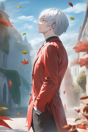 ((masterpiece, best quality)), newest, illustration, vibrant, side view, from side, perfect face, nostalgia, 1boy, white hair, short hair, white eyes, red suit, jacket, white necktie, black shirt, black pants, looking at the distance, standing, slight smile, ((cowboy shot)), uhd, hdr, dlsr, high aesthetic, 8k, scenary, ((beautiful blue sky)), sunlight, cloudy_sky, fantasy, chiaroscuro, green landscape, ((medieval city background:1.1)), fall_leaves, windy