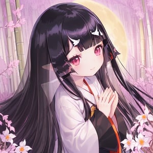 
 (black hair:1.5),
masterpiece, best quality, intricate details, (kaguya-hime:1.5), (little girl:1.5), (petite:1.5), beautiful child, light pink hair, white skin, light purple eyes, traditional Japanese kimono, bamboo forest background, full moon in sky, ethereal glow, innocent smile, (childlike features:1.2), (fairy tale atmosphere:1.3), upper body portrait, 
