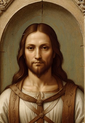 A portrait in the distinctive style of Leonardo da Vinci, depicting the upper body of Jesus Christ in an ancient city. The background subtly hints at an ancient city, with elements such as detailed architecture, temples, and market scenes visible but not distracting from the main subject. Jesus is shown wearing traditional ancient clothing, with a serene and compassionate expression. The painting captures the intricate details and realistic textures typical of Leonardo da Vinci's work, with a focus on light and shadow to create depth and dimension. Use the sfumato technique for soft transitions between colors and tones, and emphasize Jesus's divine features and gentle presence. Blend Renaissance and ancient aesthetics seamlessly.